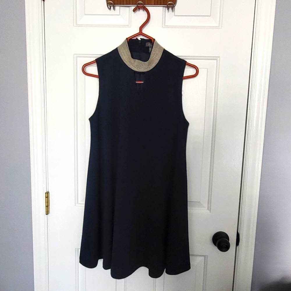 GRACIA size M, Formal, Navy Blue Dress with decorative chain detail on collar